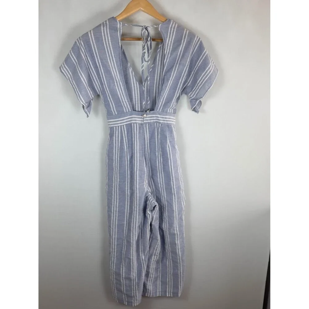 Crystal Sky Striped Jumpsuit Size 5 Blue White Open Back Tie Waist Wide Leg